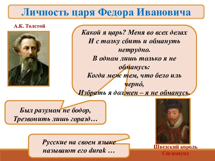 Личность царя Федора Ивановича Был разумом не бодор, Трезвонить лишь горазд…