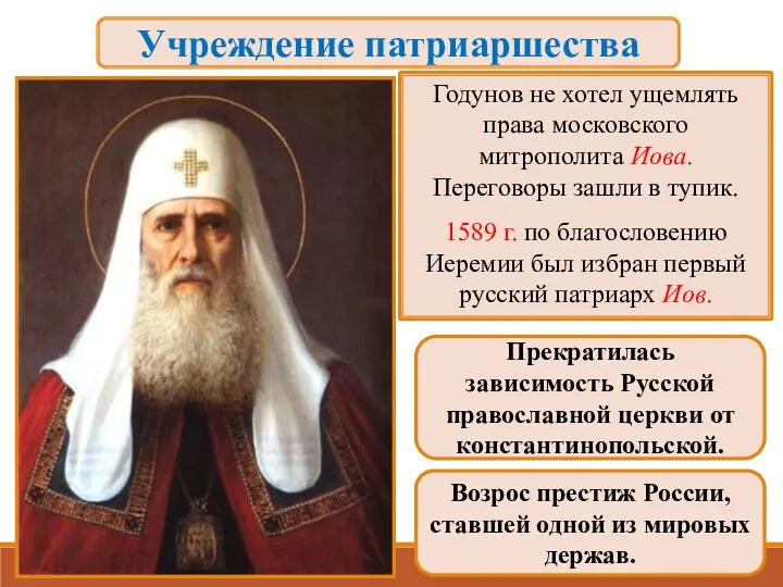 Годунов не хотел ущемлять права московского митрополита Иова. Переговоры зашли в тупик. 1589
