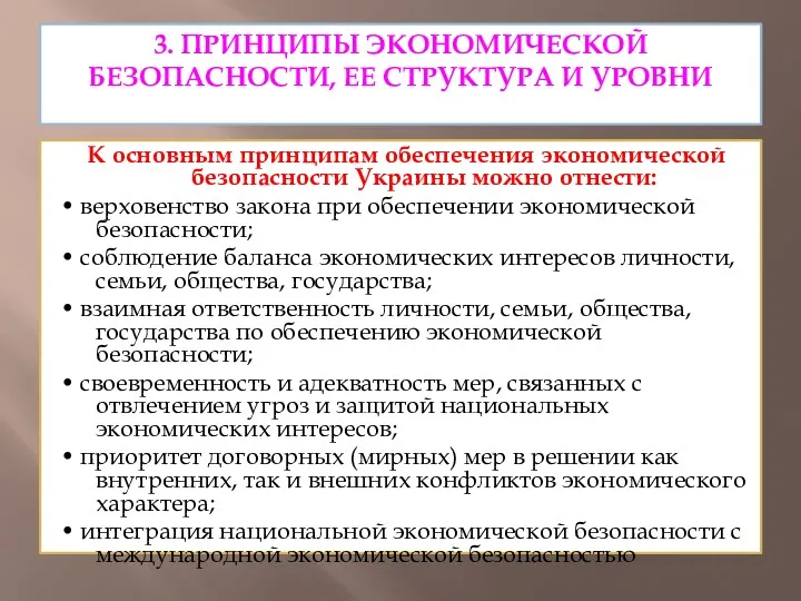 3. ПРИНЦИПЫ ЭКОНОМИЧЕСКОЙ БЕЗОПАСНОСТИ, ЕЕ СТРУКТУРА И УРОВНИ К основным