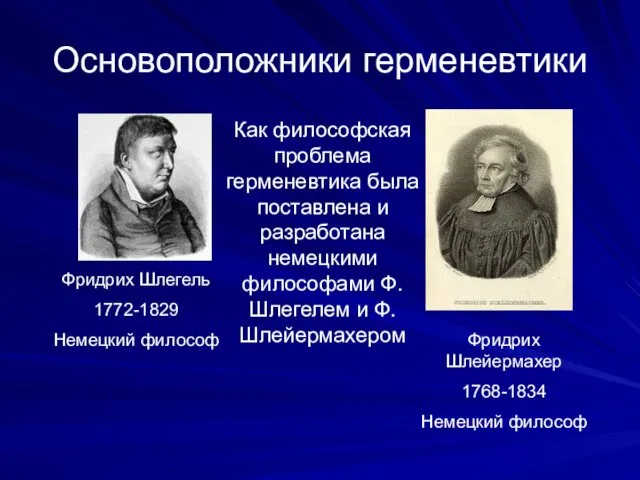 Основоположники герменевтики Фридрих Шлегель 1772-1829 Немецкий философ Фридрих Шлейермахер 1768-1834