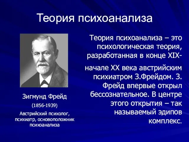 Теория психоанализа Зигмунд Фрейд (1856-1939) Австрийский психолог, психиатр, основоположник психоанализа