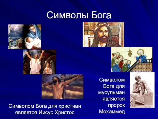 Символы Бога Символом Бога для христиан является Иисус Христос Символом Бога для мусульман является пророк Мохаммед
