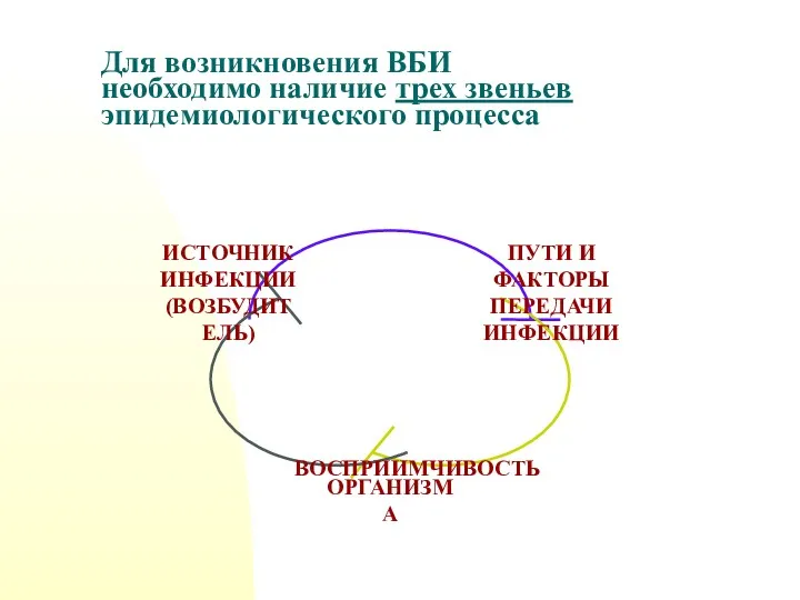 Для возникновения ВБИ необходимо наличие трех звеньев эпидемиологического процесса ВОСПРИИМЧИВОСТЬ