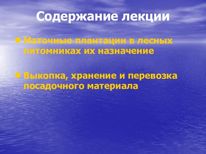 Содержание лекции Маточные плантации в лесных питомниках их назначение Выкопка, хранение и перевозка посадочного материала