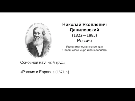 Николай Яковлевич Данилевский (1822—1885) Россия Геополитическая концепция Славянского мира и