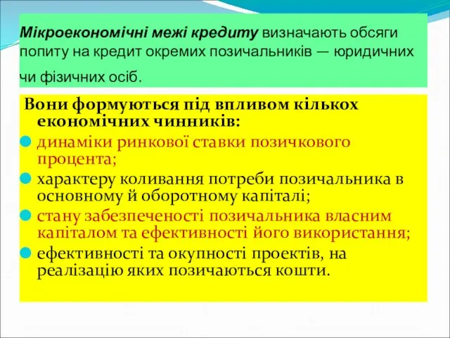 Мікроекономічні межі кредиту визначають обсяги попиту на кредит окремих позичальників