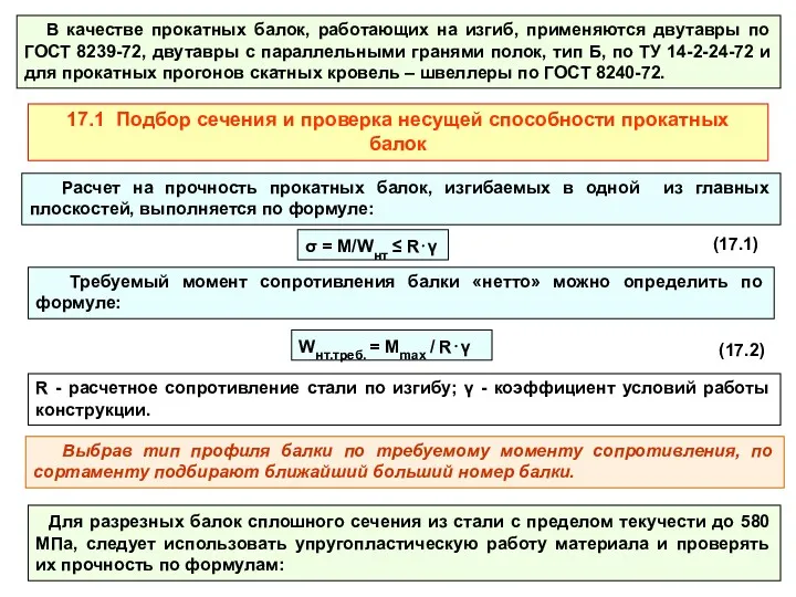 17.1 Подбор сечения и проверка несущей способности прокатных балок В