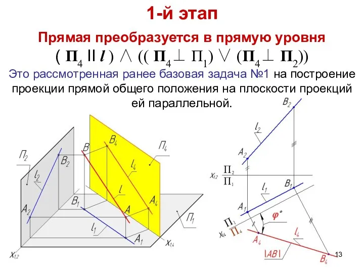 1-й этап Прямая преобразуется в прямую уровня ( П4 II