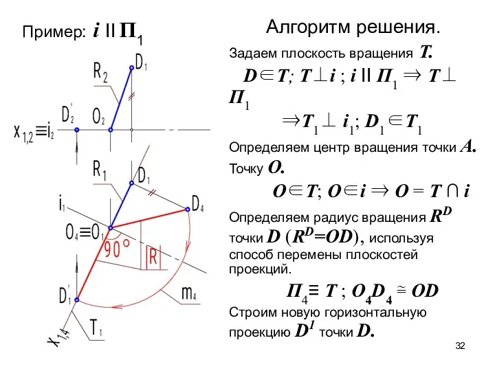 Алгоритм решения. Задаем плоскость вращения T. D∈Т; Т⊥i ; i