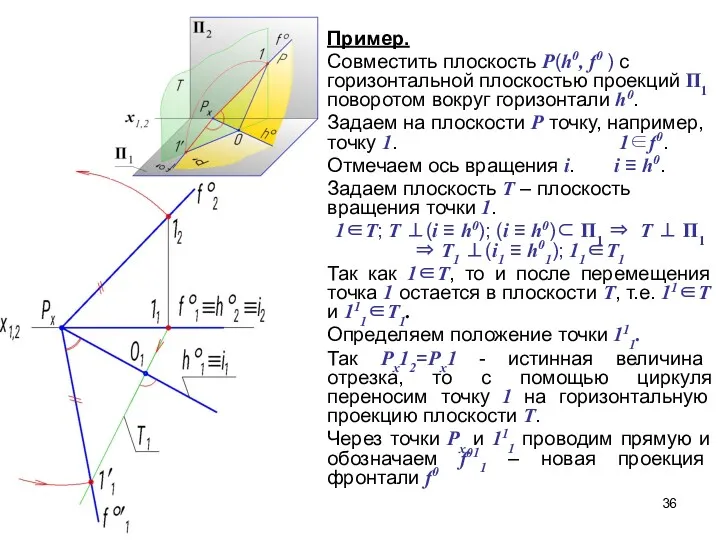 Пример. Совместить плоскость Р(h0, f0 ) с горизонтальной плоскостью проекций