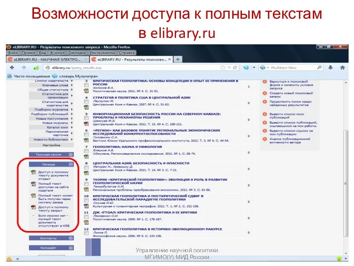 Возможности доступа к полным текстам в elibrary.ru Управление научной политики МГИМО(У) МИД России