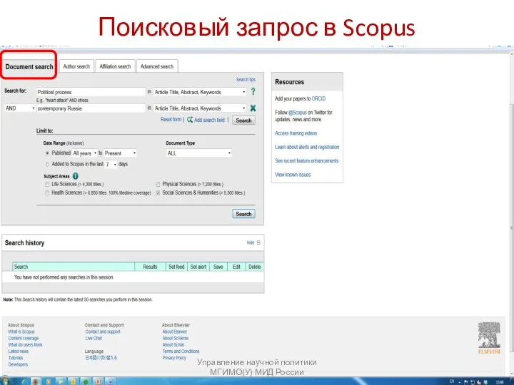 Поисковый запрос в Scopus Управление научной политики МГИМО(У) МИД России