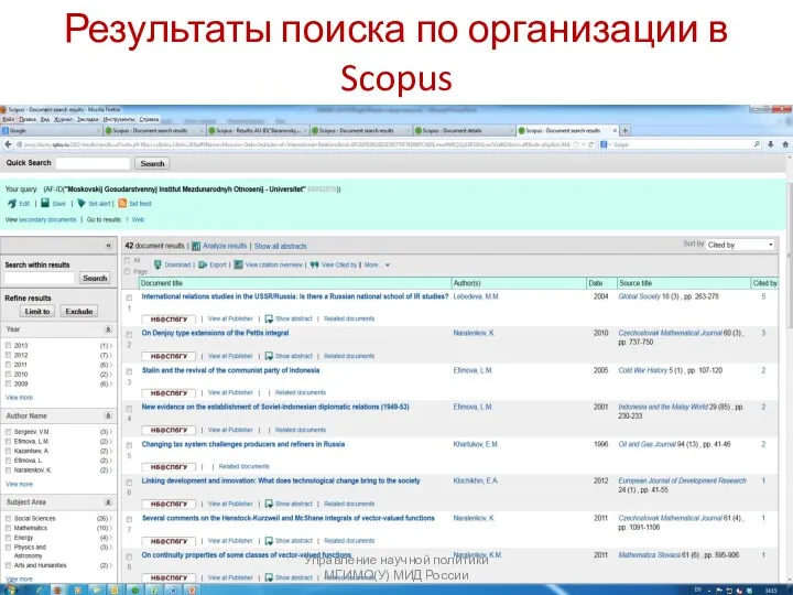Результаты поиска по организации в Scopus Управление научной политики МГИМО(У) МИД России