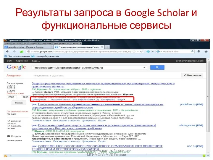 Результаты запроса в Google Scholar и функциональные сервисы Управление научной политики МГИМО(У) МИД России