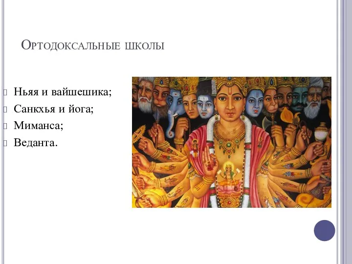 Ортодоксальные школы Ньяя и вайшешика; Санкхья и йога; Миманса; Веданта.