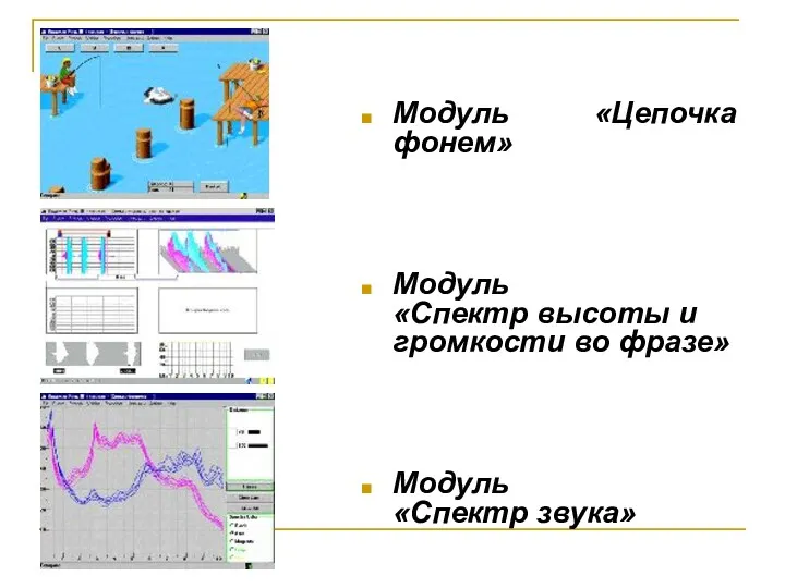 Модуль «Цепочка фонем» Модуль «Спектр высоты и громкости во фразе» Модуль «Спектр звука»
