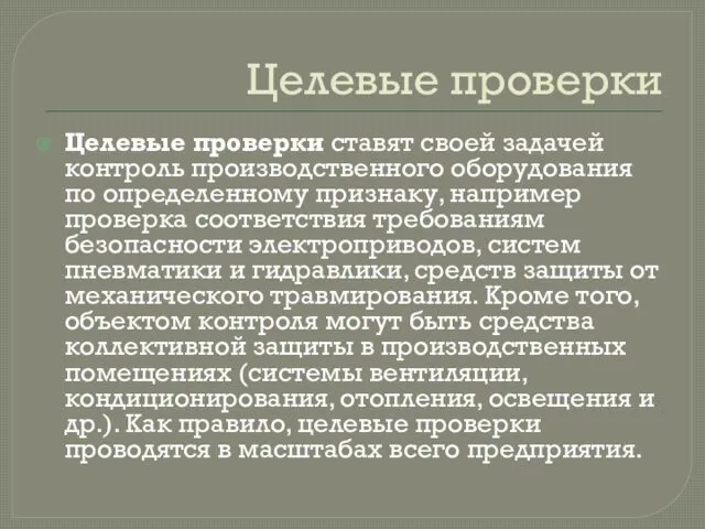 Целевые проверки Целевые проверки ставят своей задачей контроль производственного оборудования