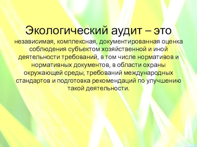 Экологический аудит – это независимая, комплексная, документированная оценка соблюдения субъектом хозяйственной и иной