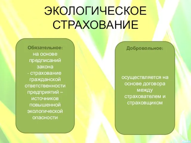 ЭКОЛОГИЧЕСКОЕ СТРАХОВАНИЕ Обязательное: на основе предписаний закона страхование гражданской ответственности предприятий – источников