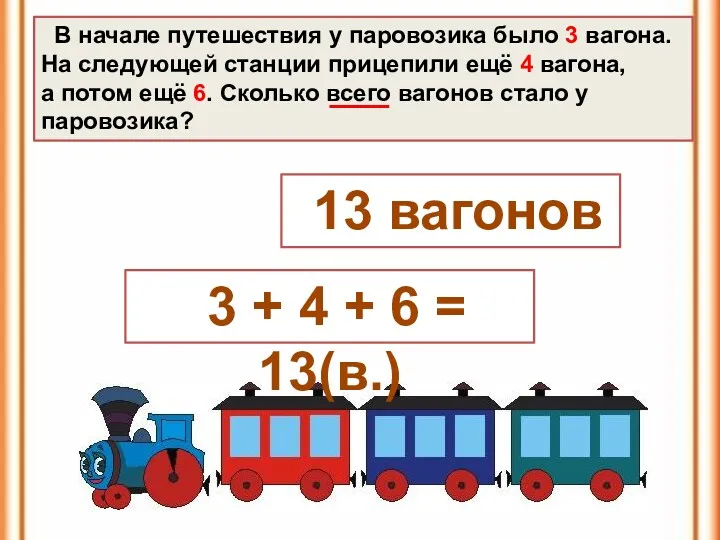 В начале путешествия у паровозика было 3 вагона. На следующей