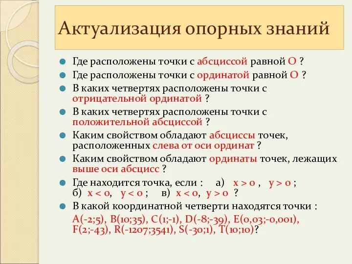 Актуализация опорных знаний Где расположены точки с абсциссой равной О