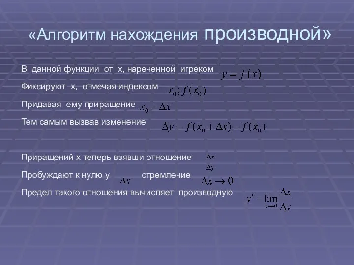 «Алгоритм нахождения производной» В данной функции от x, нареченной игреком