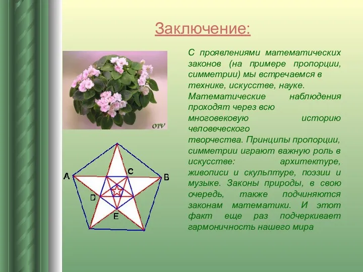 Заключение: С проявлениями математических законов (на примере пропорции, симметрии) мы