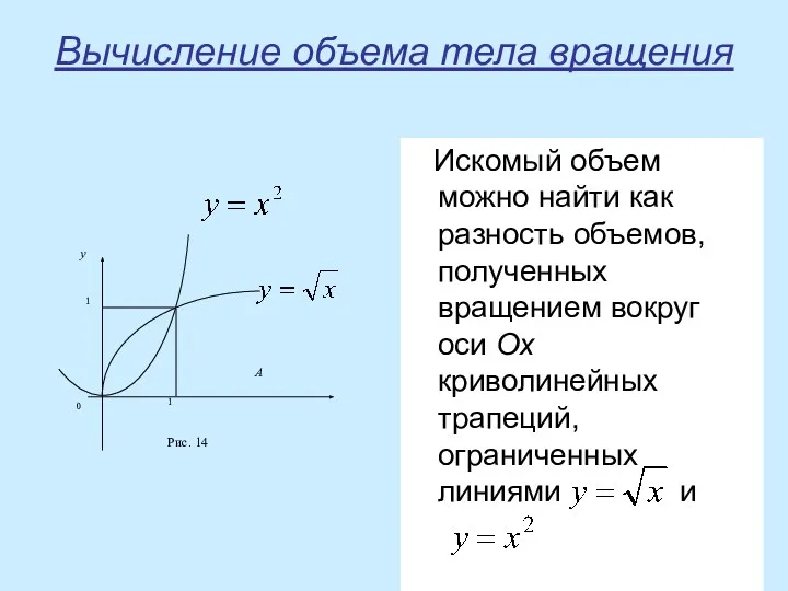 Вычисление объема тела вращения Искомый объем можно найти как разность