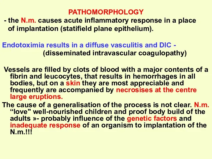 PATHOMORPHOLOGY - the N.m. causes acute inflammatory response in a place of implantation