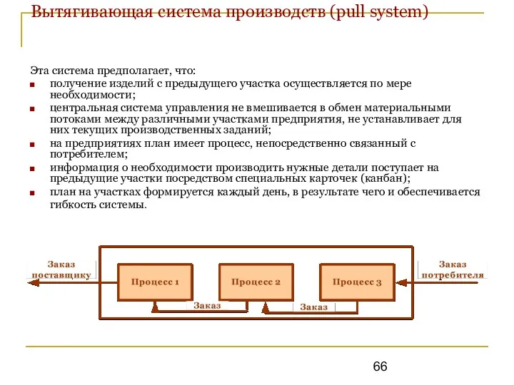 Вытягивающая система производств (pull system) Эта система предполагает, что: получение