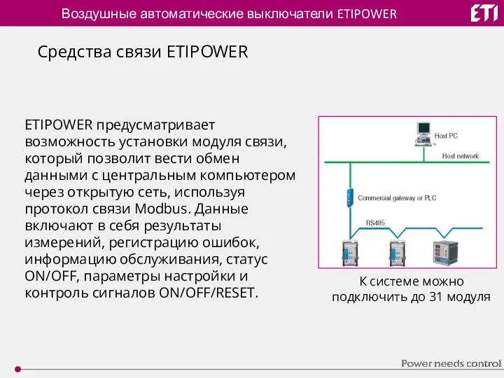 Воздушные автоматические выключатели ETIPOWER Средства связи ETIPOWER ETIPOWER предусматривает возможность