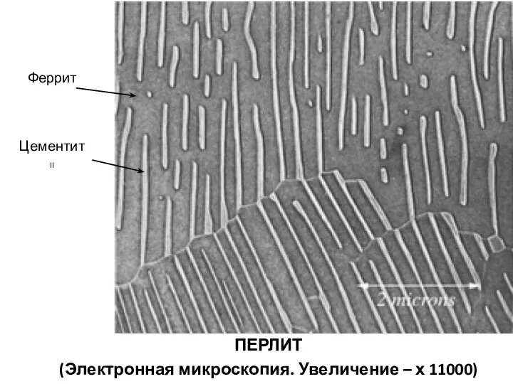 Феррит Цементит II ПЕРЛИТ (Электронная микроскопия. Увеличение – х 11000)