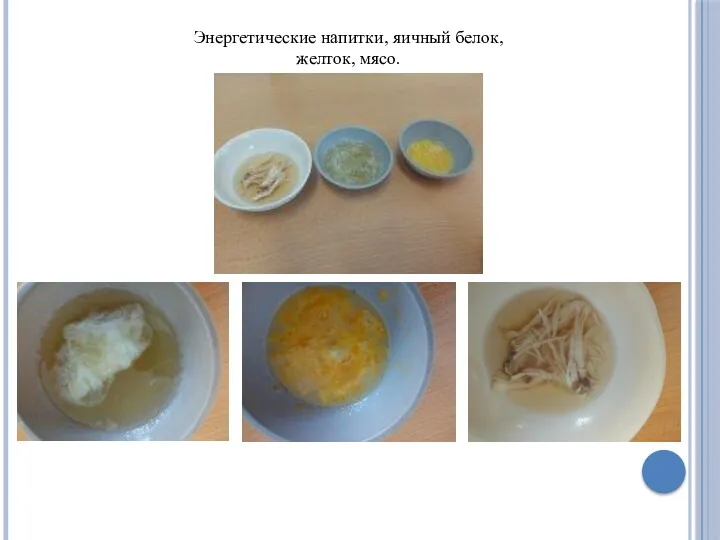 Энергетические напитки, яичный белок, желток, мясо.