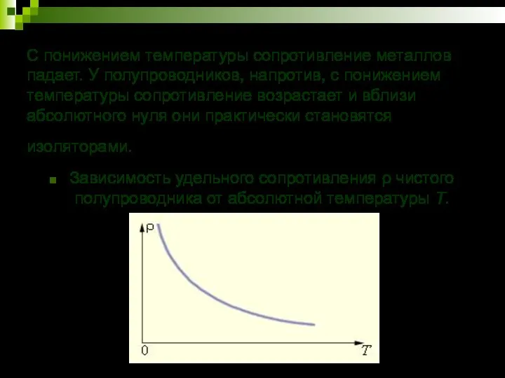 С понижением температуры сопротивление металлов падает. У полупроводников, напротив, с