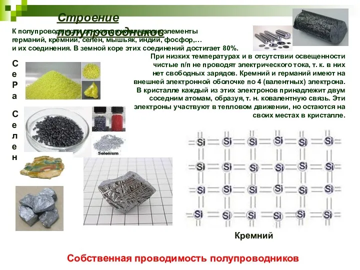 Строение полупроводников К полупроводникам относятся химические элементы германий, кремний, селен,