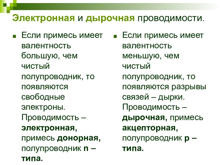 Электронная и дырочная проводимости. Если примесь имеет валентность большую, чем