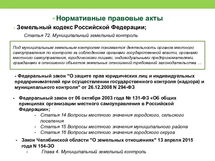 Нормативные правовые акты Земельный кодекс Российской Федерации; Статья 72. Муниципальный
