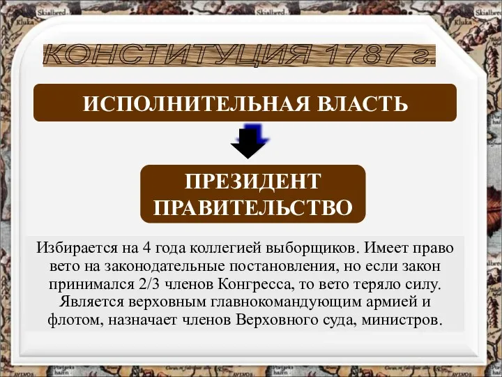 ПРЕЗИДЕНТ ПРАВИТЕЛЬСТВО ИСПОЛНИТЕЛЬНАЯ ВЛАСТЬ КОНСТИТУЦИЯ 1787 г. Избирается на 4