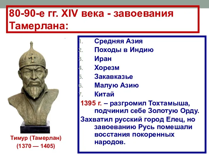 80-90-е гг. XIV века - завоевания Тамерлана: Средняя Азия Походы