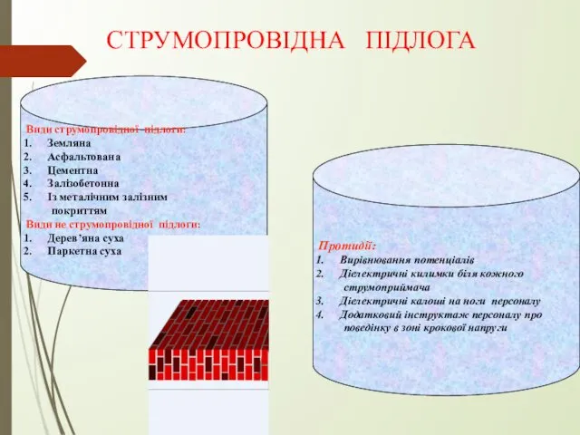 Види струмопровідної підлоги: Земляна Асфальтована Цементна Залізобетонна Із металічним залізним