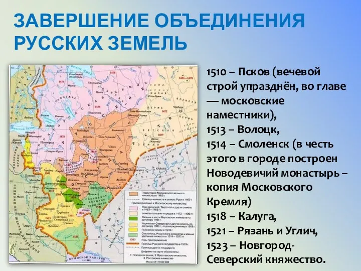 ЗАВЕРШЕНИЕ ОБЪЕДИНЕНИЯ РУССКИХ ЗЕМЕЛЬ 1510 – Псков (вечевой строй упразднён,