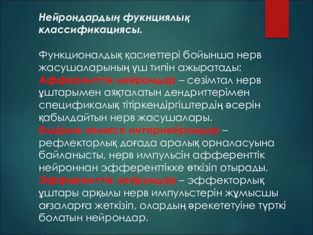 Нейрондардың фукнциялық классификациясы. Функционалдық қасиеттері бойынша нерв жасушаларының үш типін