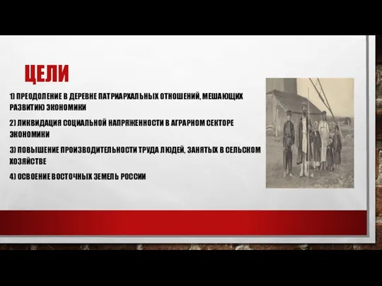 ЦЕЛИ 1) ПРЕОДОЛЕНИЕ В ДЕРЕВНЕ ПАТРИАРХАЛЬНЫХ ОТНОШЕНИЙ, МЕШАЮЩИХ РАЗВИТИЮ ЭКОНОМИКИ