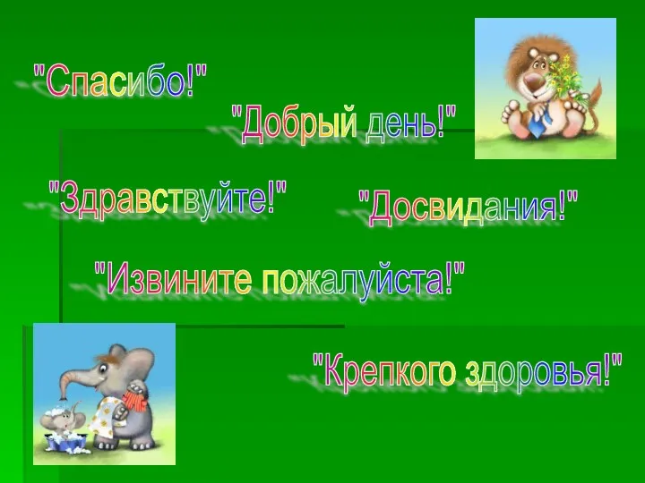 "Спасибо!" "Добрый день!" "Здравствуйте!" "Извините пожалуйста!" "Досвидания!" "Крепкого здоровья!"