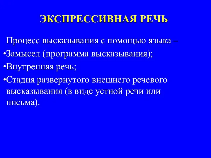 ЭКСПРЕССИВНАЯ РЕЧЬ Процесс высказывания с помощью языка – Замысел (программа