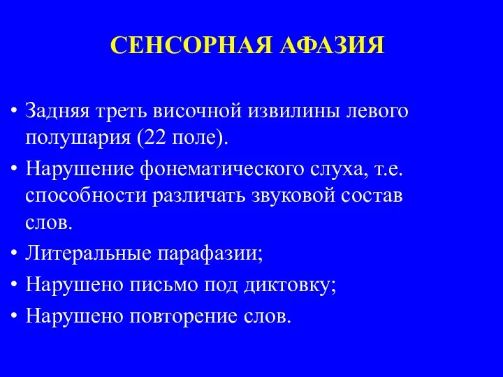 СЕНСОРНАЯ АФАЗИЯ Задняя треть височной извилины левого полушария (22 поле).