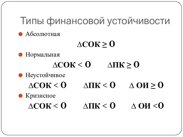 Типы финансовой устойчивости Абсолютная ∆СОК ≥ 0 Нормальная ∆СОК Неустойчивое ∆СОК Кризисное ∆СОК