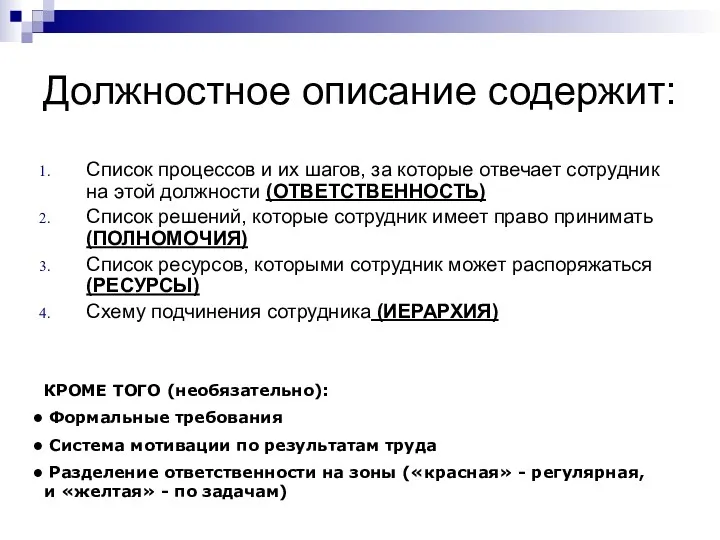 Должностное описание содержит: Список процессов и их шагов, за которые