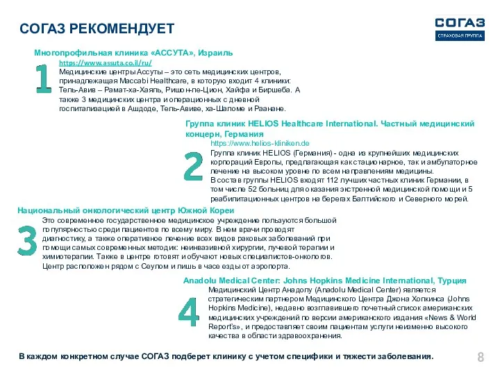 СОГАЗ РЕКОМЕНДУЕТ Многопрофильная клиника «АССУТА», Израиль https://www.assuta.co.il/ru/ Медицинские центры Ассуты