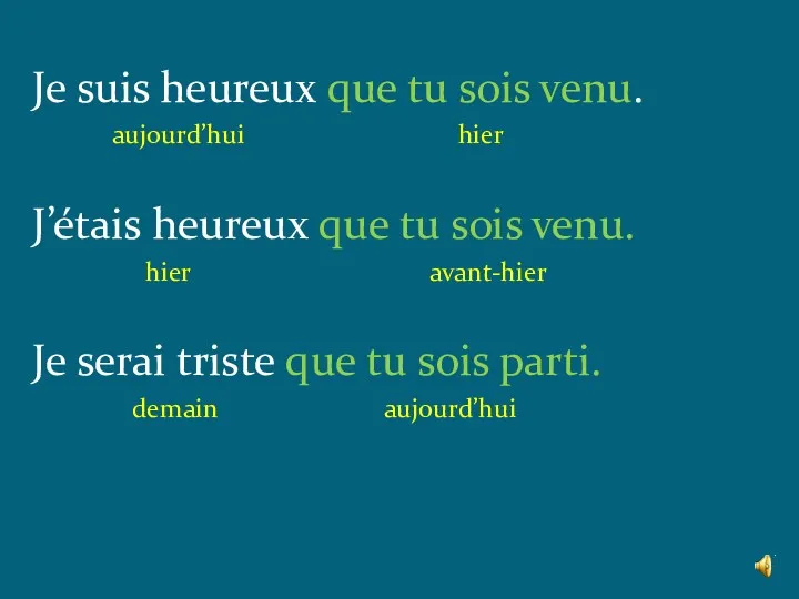 Je suis heureux que tu sois venu. aujourd’hui hier J’étais